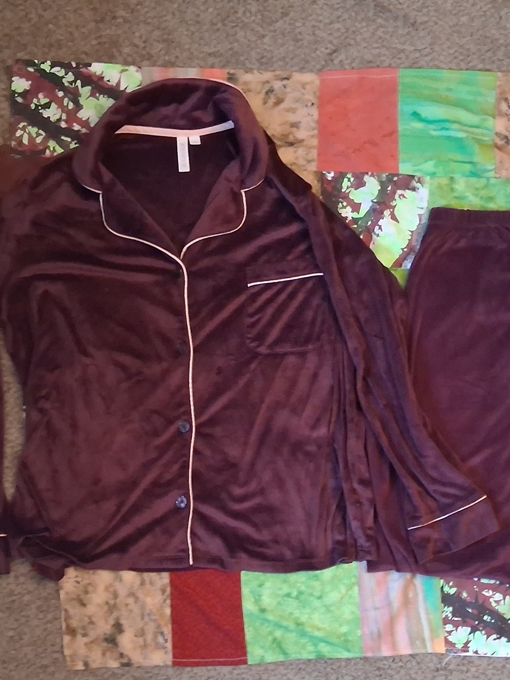 Plush Velvet Women's Pajama Set - Deep Magenta with Contrast Piping